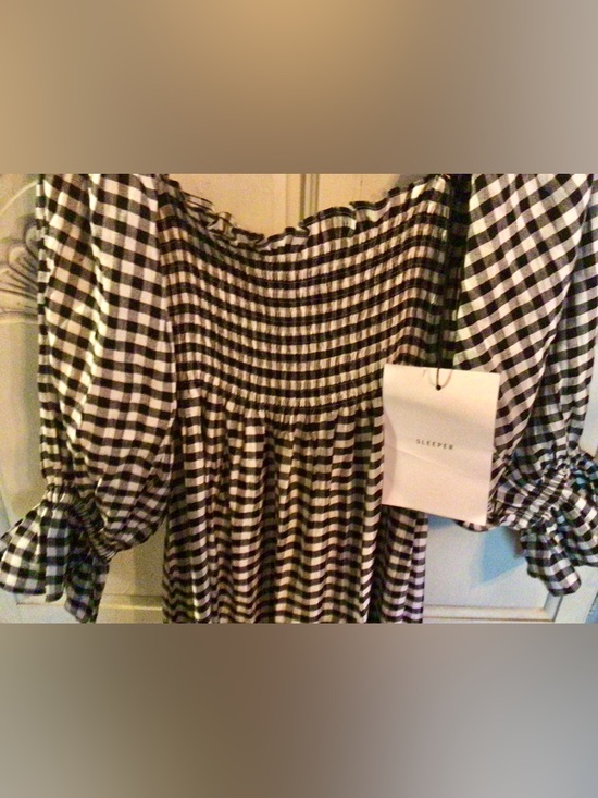 SLEEPER /Atlanta Smocked Gingham Midi Dress Puff Sleeves - Sz L - NWT - Picture 12 of 13